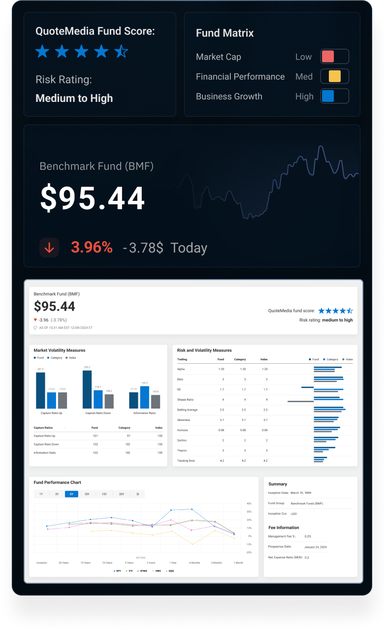 Infographic showing a stock's Fund Score, Fund Matrix, and Fund Rating.